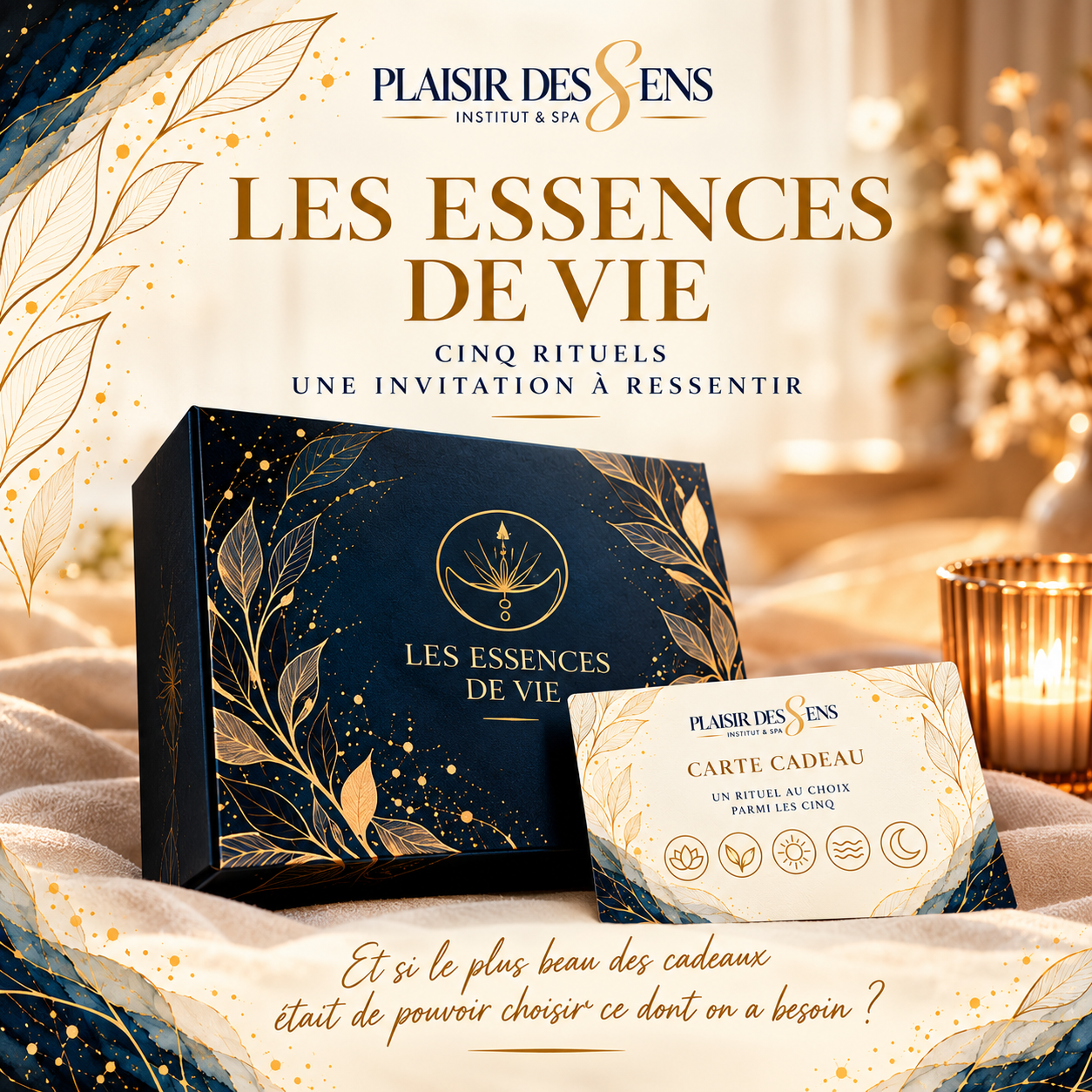 Coffret cadeau bien-être Les Essences de Vie de Plaisir des Sens, présenté fermé dans une ambiance chaleureuse